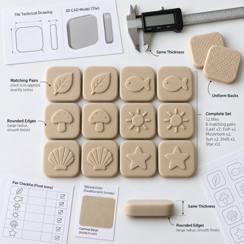 Silicone memory matching game tile uniformity and pair design