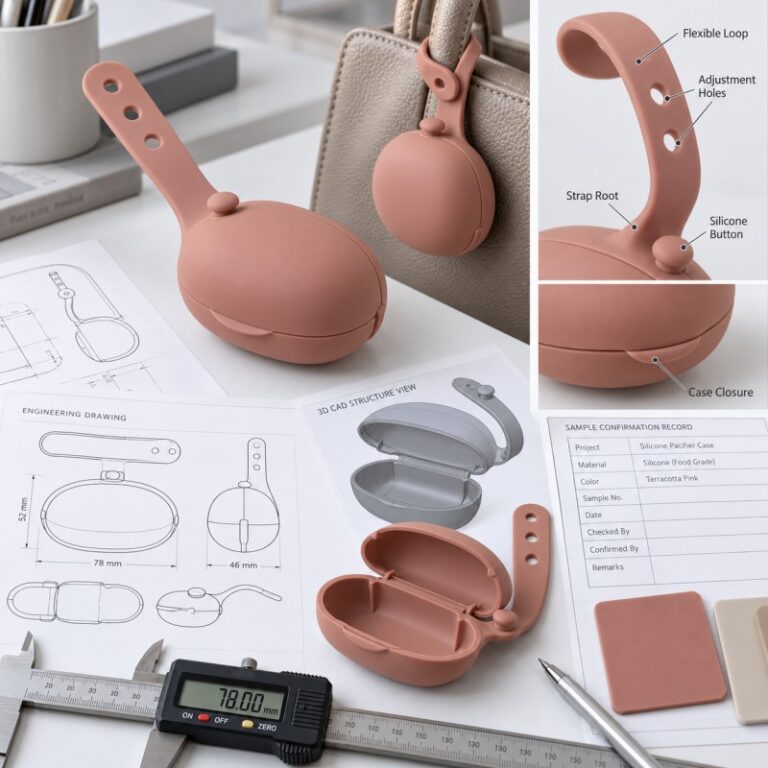 Silicone pacifier case hanging strap and button closure OEM design