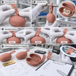 Silicone pacifier holder case strap fastening pull and quality testing