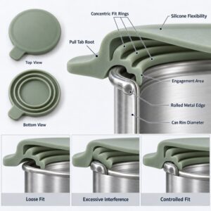 Silicone pet food can lid three concentric fit rings and can rim design
