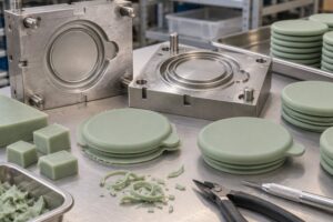 Illustrative silicone pet food can lid molding and trimming process