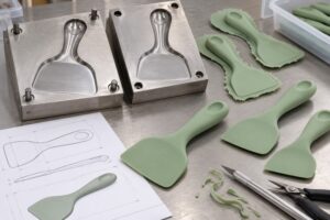 Illustrative one-piece silicone pet food spatula molding and finishing process