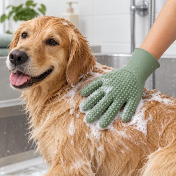 Silicone pet grooming glove used for gentle dog coat grooming during bathing