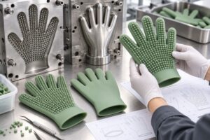 Illustrative one-piece silicone pet grooming glove mold and manufacturing process