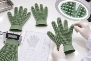 Illustrative silicone pet grooming glove dimensional structure and flexibility inspection