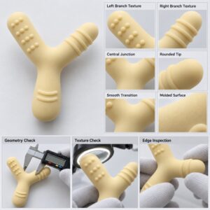Y-shaped silicone teether branch geometry and molded texture inspection